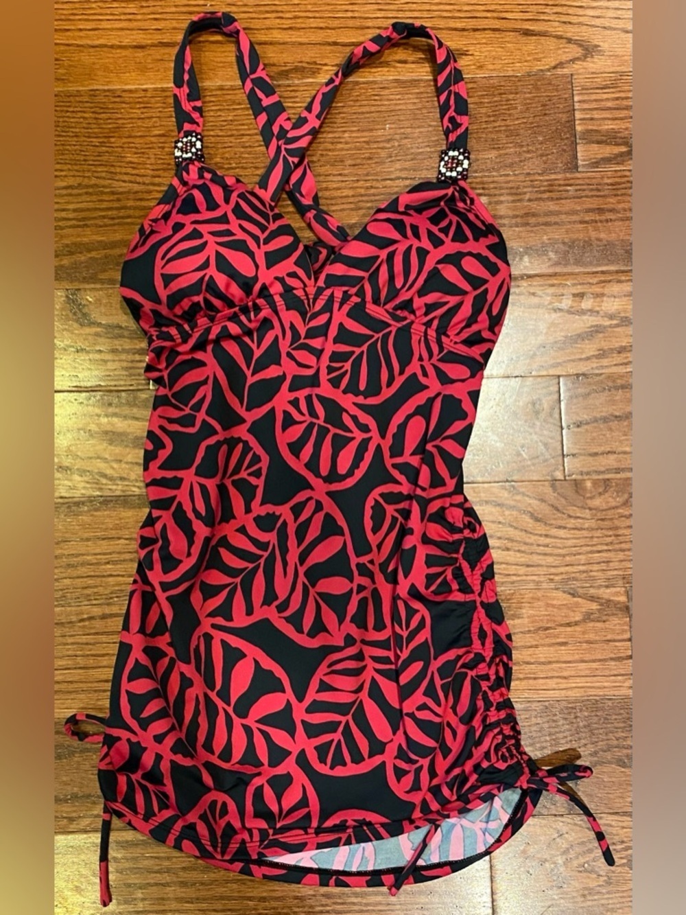 Perry Ellis Tankini Sz S Black/Pink Leaf Print Lined Padded Cups Adjustable